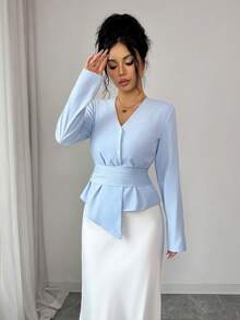 Rafferiza Camicia elegante da donna azzurra per l'autunno, maniche lunghe, scollo a V, vita plissettata con cintura, raffinata per ufficio, pendolarismo e appuntamenti - Blu - Visualizzare 5