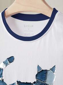 EMERY ROSE Women's Casual Cat Print Round Neck Short Sleeve T-Shirt - Multicolor - View 4