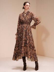 Arave Stand Collar Loose Asymmetrical Hem Dress - Multicolor - View 3