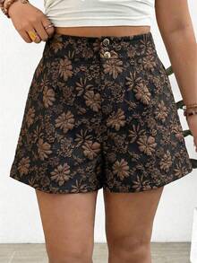 Elenzga Quần short công sở thanh lịch dành cho nữ cỡ lớn, chất liệu vải có họa tiết, cài nút. - màu nâu - Xem 4