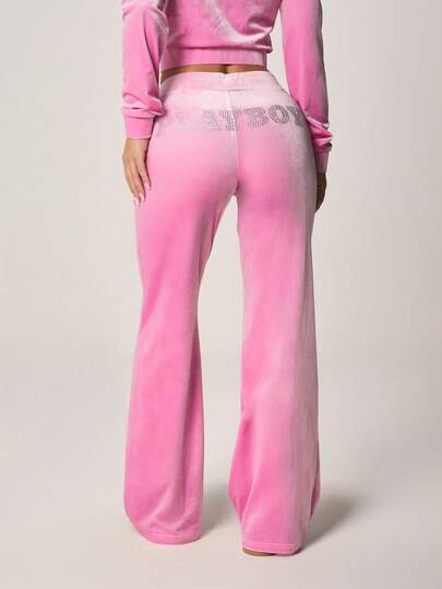 Missguided x Playboy Velour Drawstring Flare Sweatpants With Rhinestone Text Detail For Casual Comfort And Style