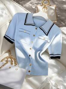 GlowEve Women's Collared Contrast Trim Short Sleeve Double Stripe Single Breasted Dual Pocket Cardigan - Multicolor - View 1