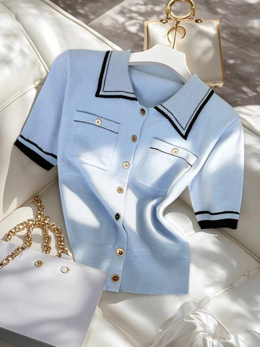 GlowEve Women's Collared Contrast Trim Short Sleeve Double Stripe Single Breasted Dual Pocket Cardigan - Multicolor - View 1