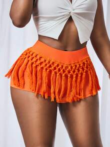 SHEIN BamGlam Women's Bright Orange Fringe Mini Skorts Summer Beach Party - Orange - View 5