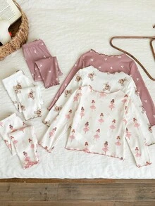 LMoss Kids 2pcs Baby Girl Knit Floral Bear Pattern Ruffle Collar Casual T-Shirt And Pants Homewear Set - Multicolor - View 2