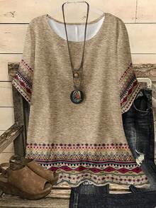 Rusticease Áo sơ mi nữ tay ngắn cổ tròn in họa tiết hình học phong cách retro bohemian giản dị - Thanh lịch cho kỳ nghỉ hè & xuân, mặc ở nhà, hoặc kiểu áo sang trọng để đi chơi. - Nhiều màu - Xem 6