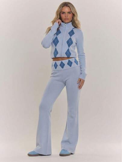 MUSERA Fold Over Waistband Argyle Knit Fitted Flare Trousers Cosy Casual Everuday Jumper Hoodie Autum Winter Spring