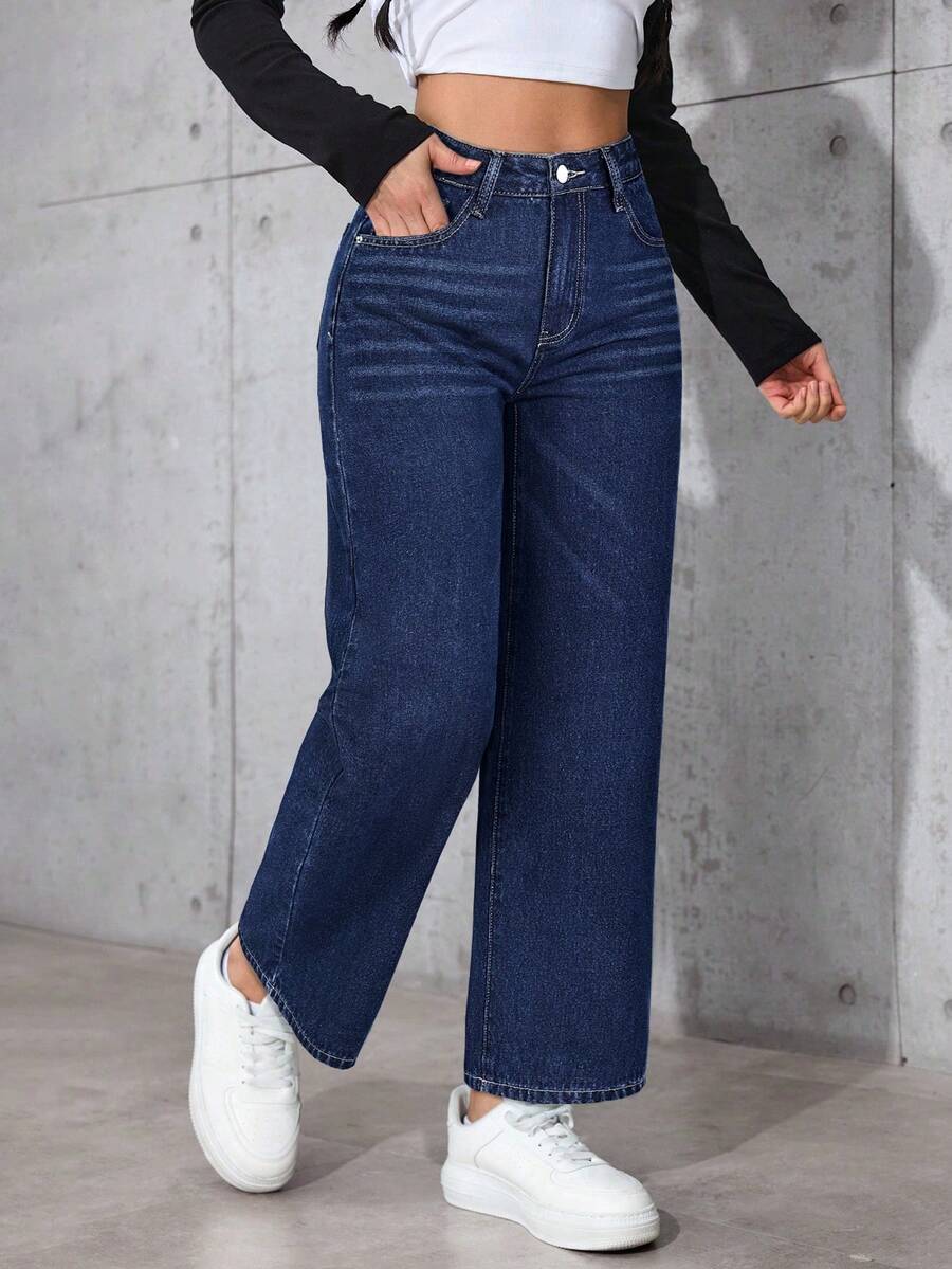 SHEIN PETITE Quần jeans ống rộng cạp cao có túi dành cho nữ, dáng rộng, dễ phối đồ - Rửa tối - Xem 1