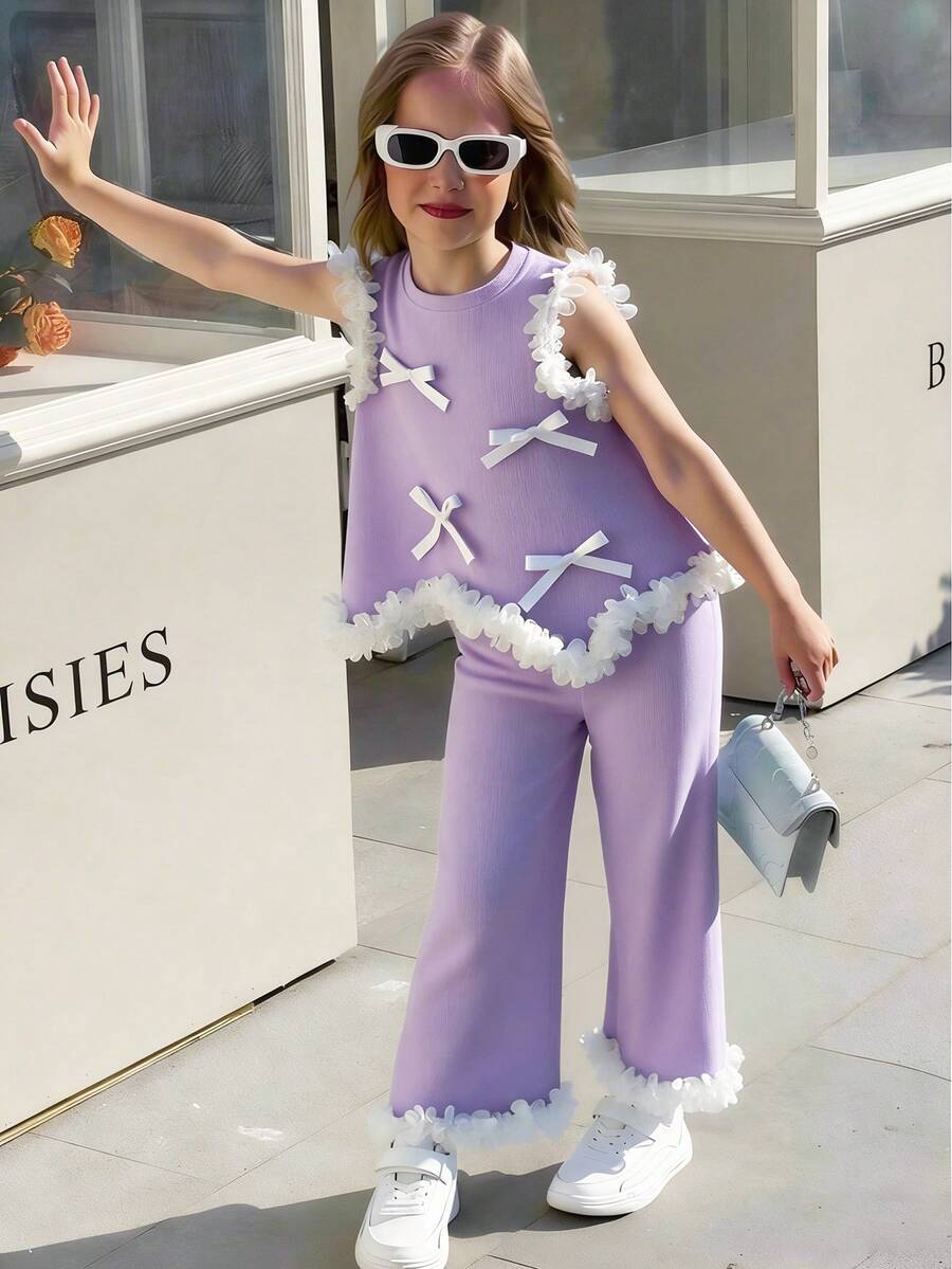 Elladie kids 年轻女孩优雅3D花朵蝴蝶结装饰吊带背心和喇叭裤套装