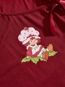 Strawberry Shortcake | ROMWE Camiseta de tirantes ajustada con cuello de barco, decoración de lazo y estampado de personajes de dibujos animados, estilo casual de vacaciones para mujer, verano - Burdeos - Ver 4