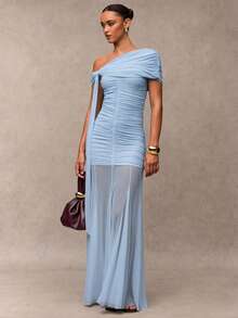 SHEIN BAE Women's Solid Color Pleated Asymmetric Shoulder Ruffle Elegant Dress - Baby Blue - View 5
