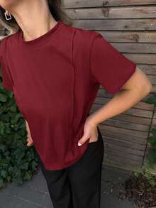 Jeta Ari 女士短袖纯色休闲T恤，夏季老款商务休闲女式工作服 - 紅色 - 查看 3
