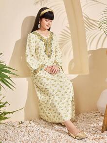 SHEIN Tween Girl Beige Delicate Ditsy Floral Dignified Dress - Beige - View 6