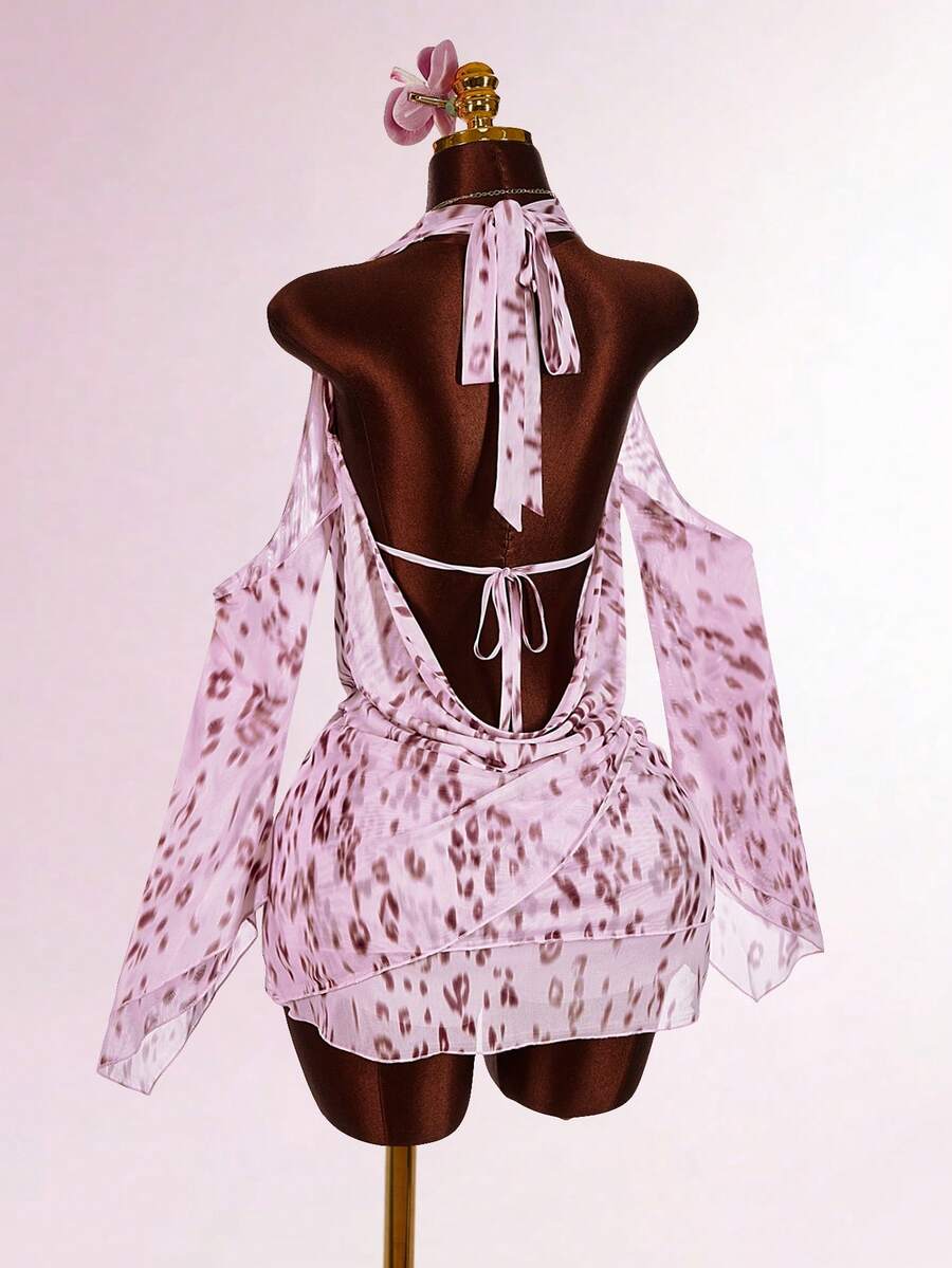 Amplova Women's Printed 2 Pieces Set, Plunging Neckline Sexy Long Sleeve Flare Sleeve Dress With Built-In Triangle Bra, Suitable For Vacation - Multicolor - View 1