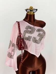 Amplova Women's Streetwear Mesh Shoulder Cutout Sexy Numeric Print Crop Top - Multicolor - View 2