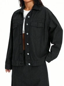 SHEIN Women's Casual Everyday Commute Simple Versatile Solid Color Flap Pocket Denim Jacket, Spring/Autumn - Black - View 6