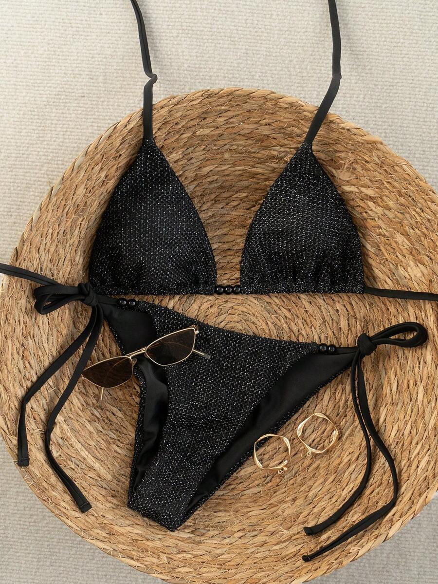 Swim Vcay 2件套女士纯色及随机豹纹性感吊带露背侧系带比基尼套装，2026春夏款 - 黑色 - 查看 1