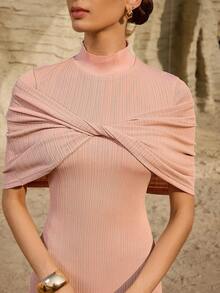 Graceveil 女士纯色立领修身连衣裙，纹理面料，优雅女士连衣裙，修身连衣裙，奢华连衣裙，褶皱紧身连衣裙，高领连衣裙，优雅女装，奢华女士连衣裙，邮轮晚宴连衣裙 - 香檳色 - 查看 7