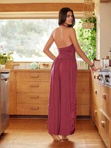 Lullawish 波西米亚风度假风褶皱垂领性感上衣搭配舒适宽松侧褶哈伦裤女士睡衣套装 - 紅色 - 查看 2