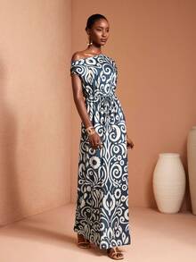 JIAN LASALA All-Over Print Knit Jersey One-Shoulder Drape Waist Tie Batwing Sleeves Women Maxi Dress Beach Wedding Guest - Multicolor - View 5