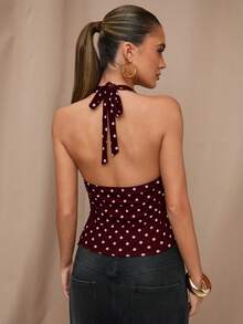 SHEIN BAE Black Polka Dot Print Casual Halter Neck Top, Suitable For Brunch, Outings, Dates, Commute, Cruise Outfits, Ibiza Outfits - Multicolor - View 2