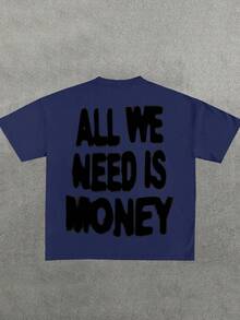 Manfinity Dauomo Áo thun nam tay ngắn in khẩu hiệu thường ngày, mùa hè - Màu xanh hải quân - Xem 2