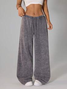 SHEIN PETITE Light Grey Women's Casual Low-Waist Straight-Leg Sweatpants, Suitable For Summer, Washed Snow Flake Effect - Light Grey - View 3