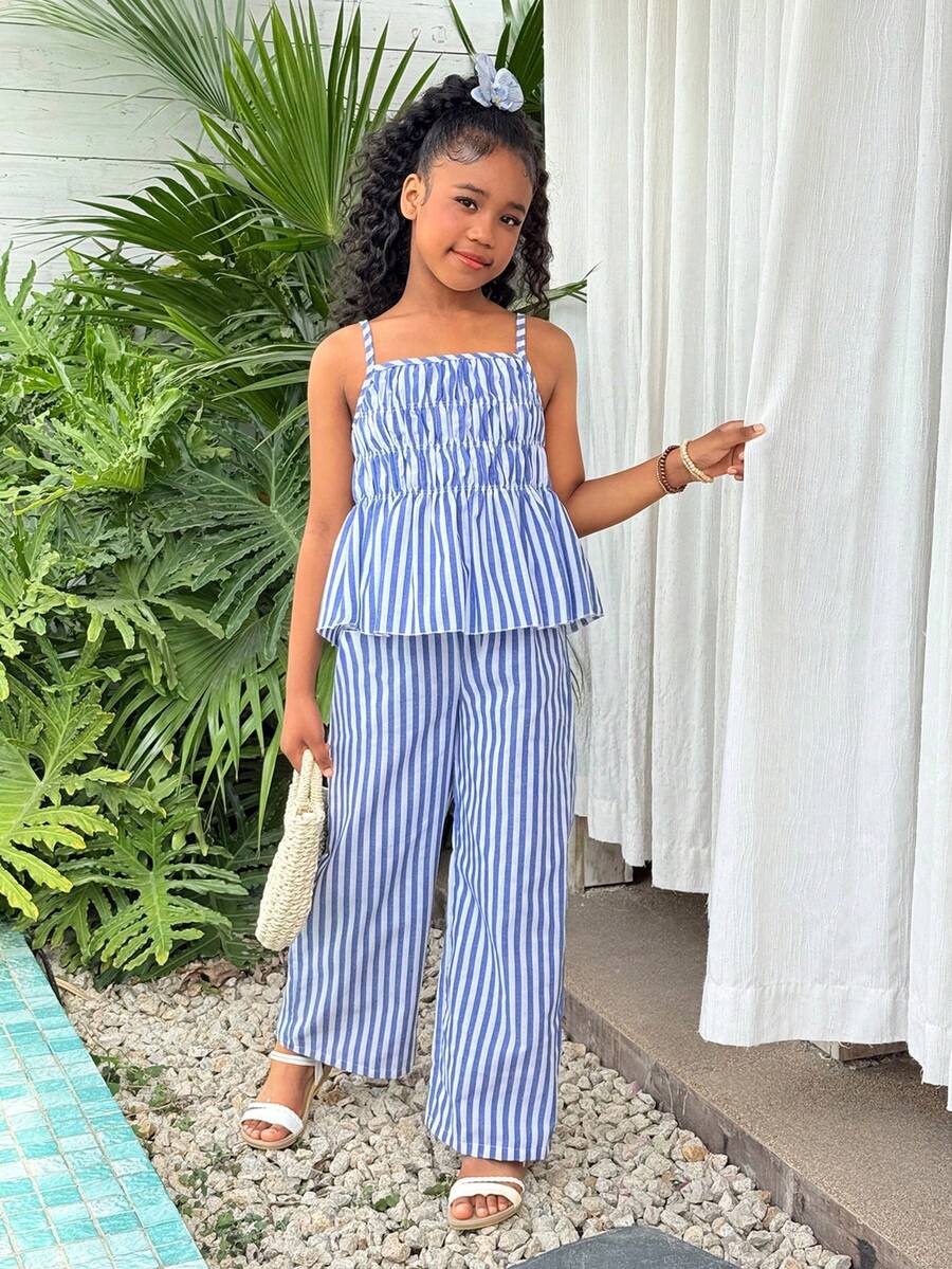 Girls Striped Bow Camisole Top And Straight Leg Pants Summer Vacation Outfit - Blue - View 1