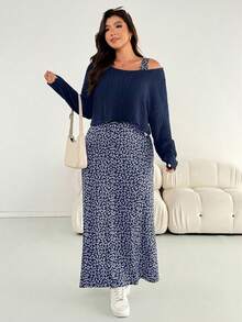 Shapeblank 大码女装秋冬时尚休闲高弹舒适日常黑白碎花背心长裙搭配黑色上衣两件套，秋季穿搭，简约风格 - 藏蓝色 - 查看 7