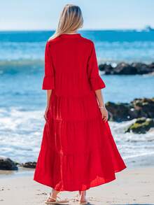 Sylviya 女士纯色荷叶边喇叭袖度假连衣裙，女士度假装扮，度假 - 酒紅色 - 查看 2