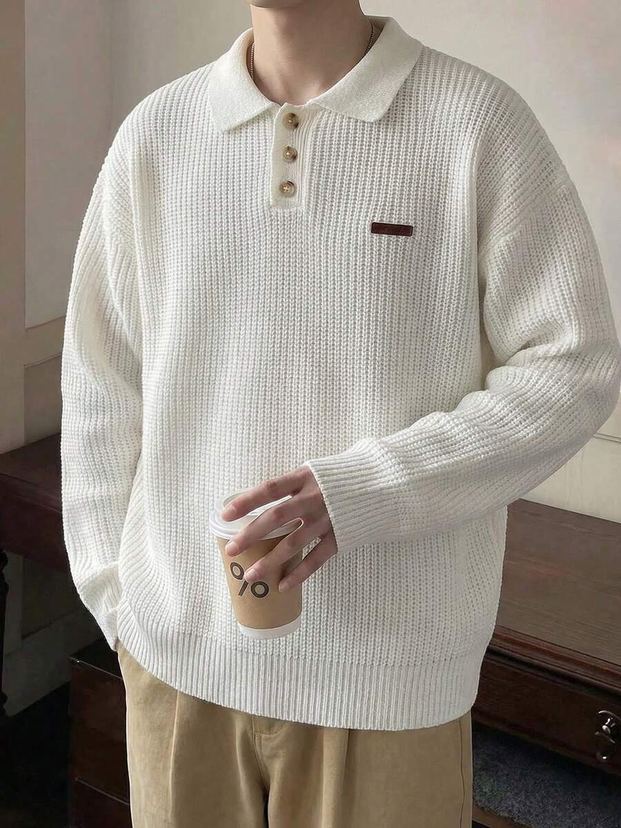 SWAVVY 男士休闲纯色长袖毛衣，百搭秋冬 - 白色 - 查看 1