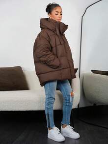 SAYEHFBABY Herbst/Winter braune minimalistische vielseitige hochwertige Retro-Design einfarbige Kapuzen-Mode-Loose Lässig Daunenjacke für Frauen - Braun - Übersicht 5