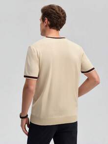 Officeau Men's Beige Knit Crew Neck T-Shirt, Striped Trim Design, Soft Fabric, Smart Casual Wear, Spring-Summer - Apricot - View 2