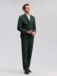 Officeau 时尚新款男士商务双排扣纯色西装外套+裤子男士修身婚礼两件套西装夹克裤子高品质社交礼服 - 軍綠色 - 查看 8