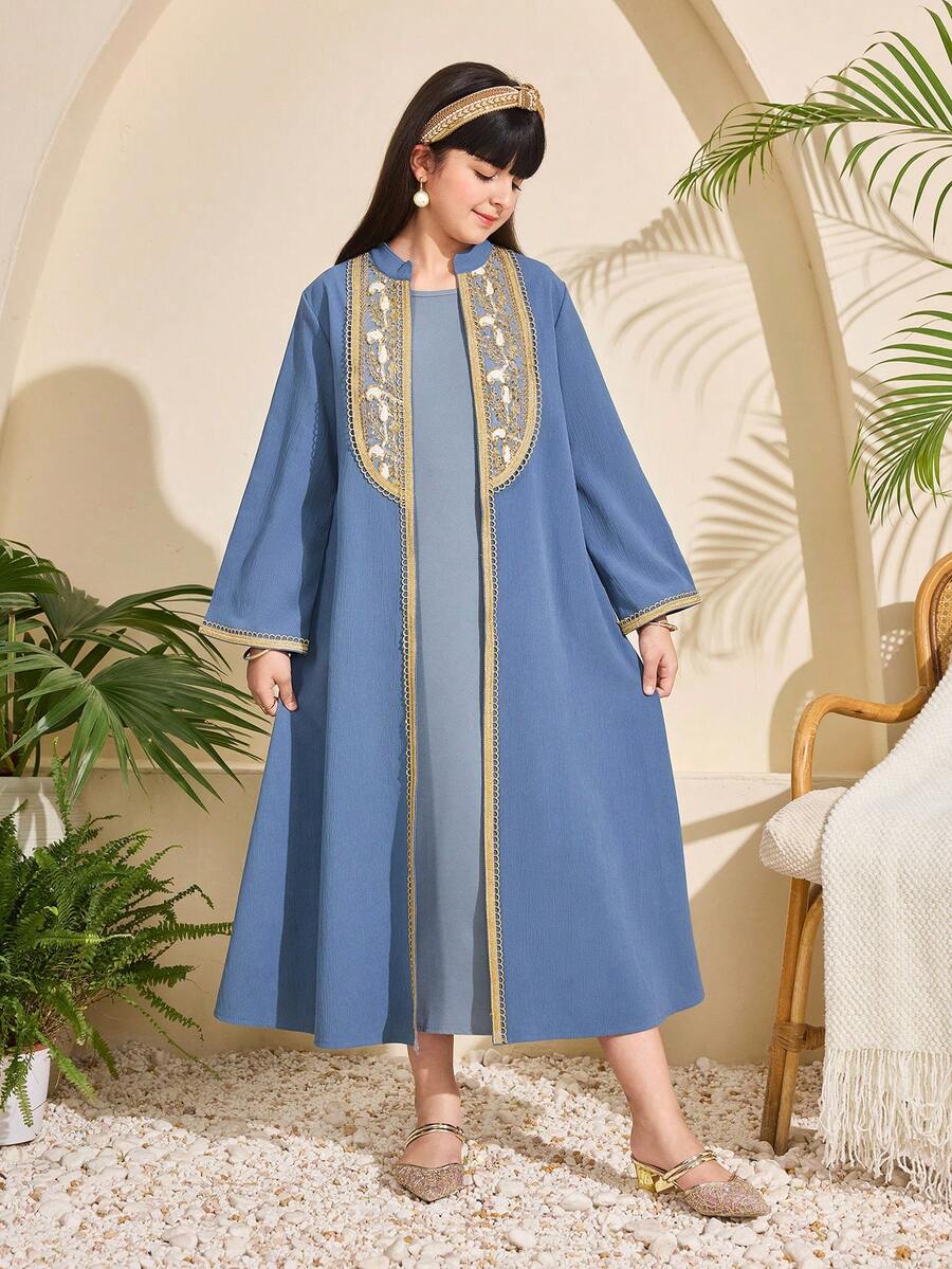 SHEIN 灰蓝色开衫，饰有金属提花织带，可搭配无袖连衣裙叠穿，简约优雅，适合外出、聚会、度假等场合。 - 藍色 - 查看 1