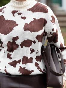 Melissa Matos Nuevo suéter marrón de otoño para mujer, ropa de mujer de dinero viejo, suéter casual de cuello alto con textura de leche para otoño/invierno, suéter con estampado de vaca marrón, suéter de mujer de invierno, suéter de otoño, blusa con estampado de leopardo - Multicolor - Ver 6