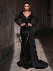 Aureia 优雅、浪漫、高贵、奢华的黑色亮片缎面拼接连衣裙，适合节日、度假、生日派对、婚礼、正式晚宴等场合。 - 黑色 - 查看 4