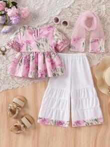 夏季新款时尚可爱女宝宝两件套：V领短袖荷叶边上衣+宽松A字喇叭裤，配围巾 - 粉色 - 查看 2