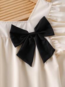 2件套女童及青少年休闲时尚荷叶边领无袖蝴蝶结装饰上衣+阔腿宽松直筒裤套装，适合度假、旅行、日常穿着，夏季百搭 - 杏色 - 查看 5