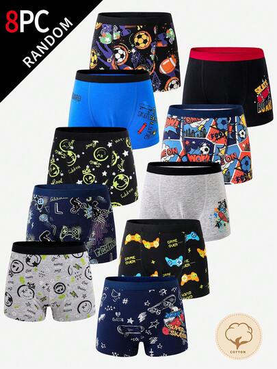 8pcs/Pack Boys' Colorful Video Game, Skateboard, Smiling Face Printed Boxer Briefs