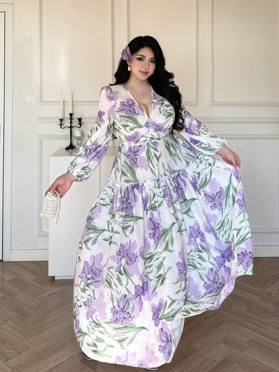 Flirla Women's Floral Print V-Neck Waist Cinched A-Line Maxi Dress, Chiffon, Soft & Lightweight, Garden, Date, Spring & Summer - Purple - View 1
