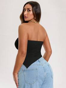 SHEIN BAE Plus Size Women's Tube Top Solid Color Beige Stretch Knitted Tight Ruffled Asymmetrical Design Hem Tank Top - Black - View 2