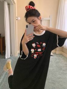 DAZY 卡通熊印花和波点印花宽松女士睡裙 - 黑色 - 查看 3