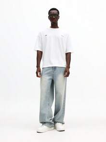 SUMWON Áo thun nam dáng rộng in hình ở ngực và lưng, tay ngắn, chất liệu cotton, phong cách đường phố mùa hè. - trắng - Xem 5