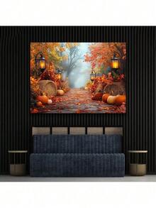 Autumn Harvest Photography Background -1 Pumpkin, Maple Leaves, And Streetlights, Suitable For Autumn Celebrations And Photo Booths - Multicolor - View 3