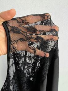 Elenzga Vestido de talla grande con mangas acampanadas, cuello en forma de corazón y cintura con lazo de unicolor - Negro - Ver 7