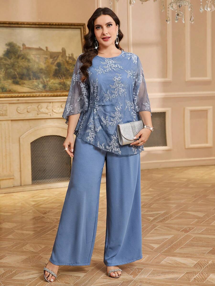 Reflora Bộ đồ 2 món cỡ lớn gồm áo và quần dài màu trơn thêu họa tiết, kiểu dáng thanh lịch.
