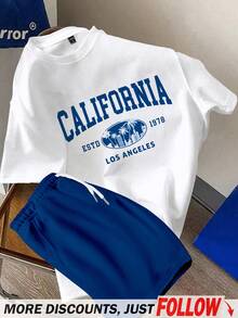 Manfinity Joysei 男士修身针织上衣和梭织短裤套装，休闲简约加州口号图案，抽绳和松紧腰设计，舒适服装