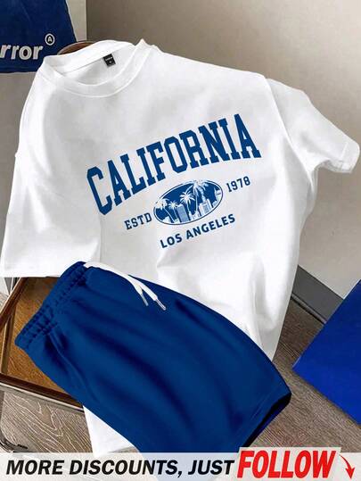 Manfinity Joysei 男士修身针织上衣和梭织短裤套装，休闲简约加州口号图案，抽绳和松紧腰设计，舒适服装