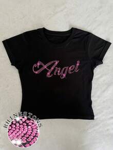 SHEIN Áo thun nữ dáng ngắn cổ tròn đính đá lấp lánh hình thiên thần, kiểu dáng thường ngày, thích hợp cho các hoạt động mùa hè. - màu đen - Xem 1